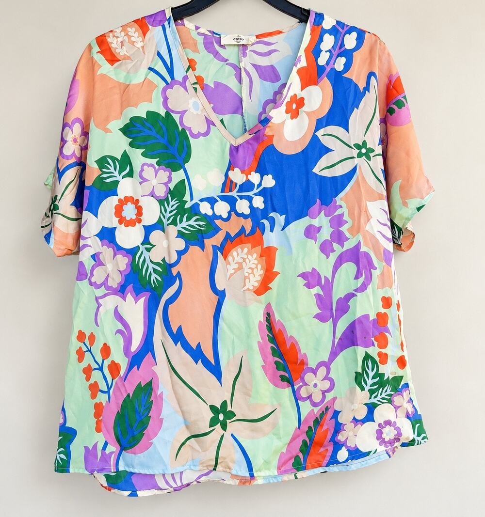 Entro Womens Large Multicolor Floral V Neck Blouse Short Sleeve Boho Top